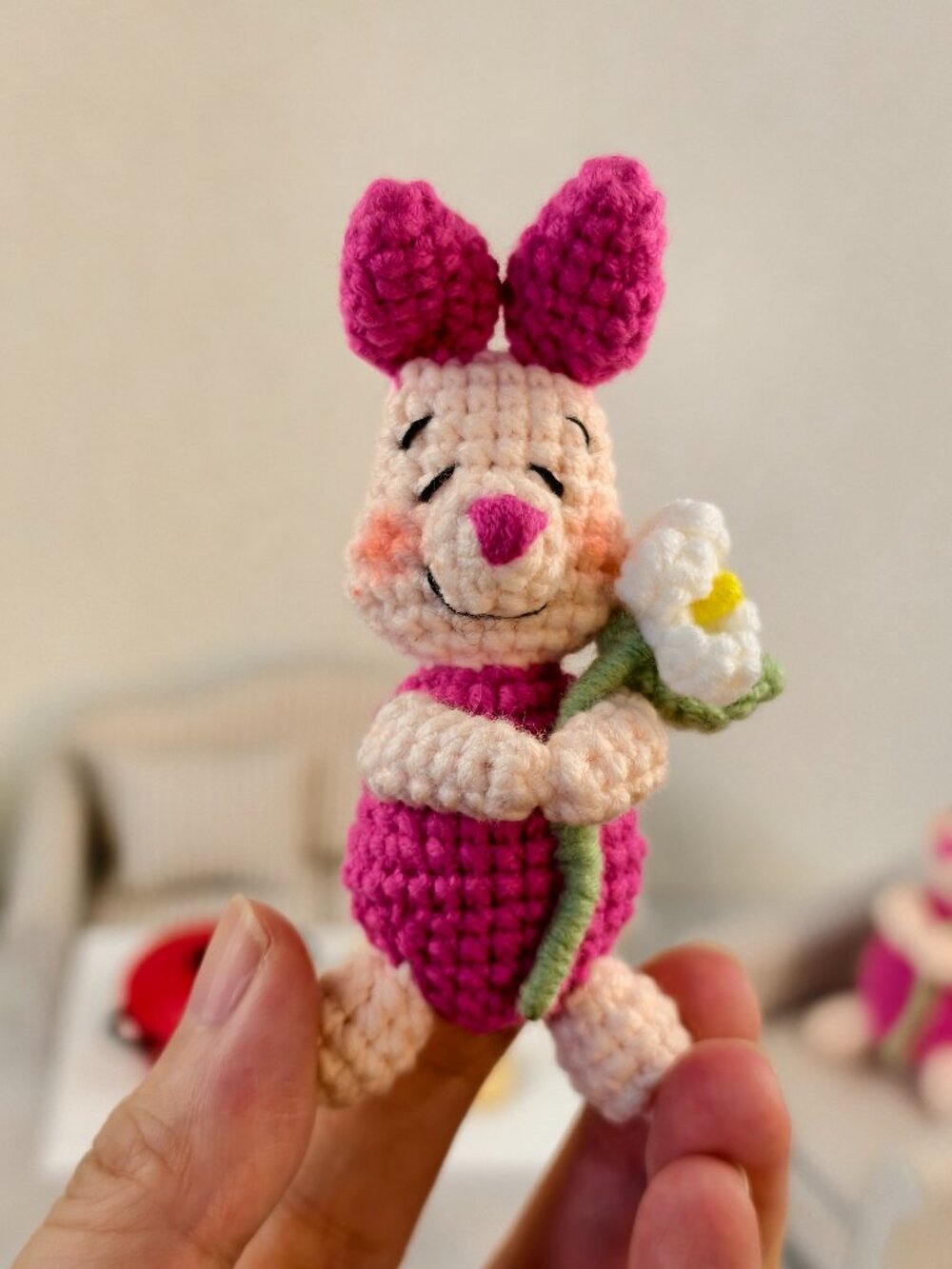 Handmade Amigurumi Crochet Piglet Holding Flowers Plushie